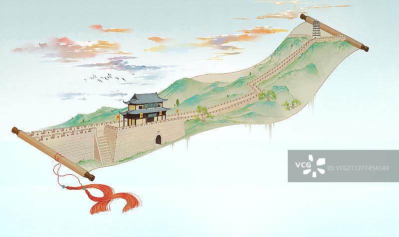 小清新水彩风格古风风景插画 雁门关图片素材
