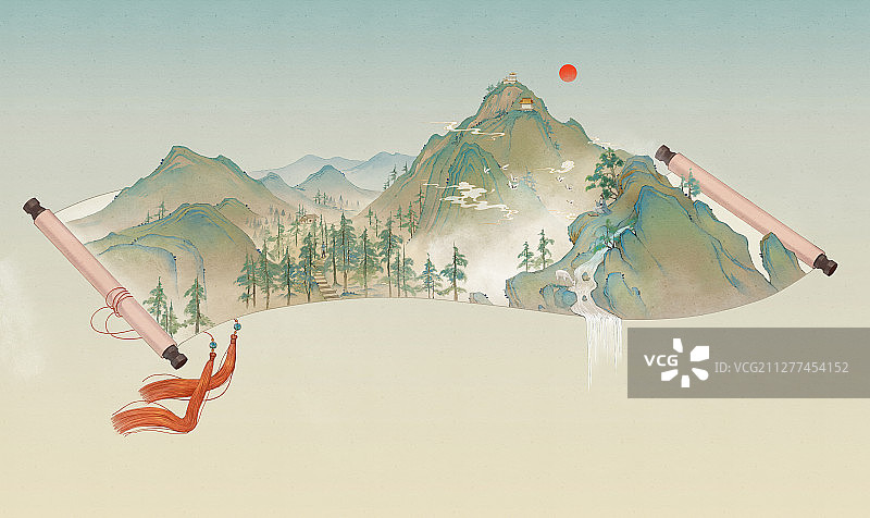 小清新水彩风格古风风景插画 终南山图片素材