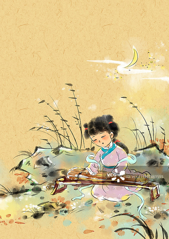 水墨风儿童插画国学经典-女孩抚琴图片素材