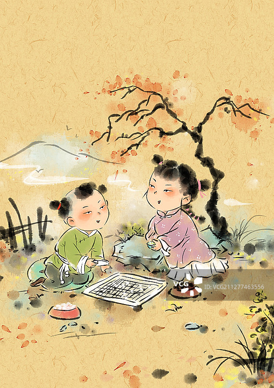 水墨风儿童插画国学经典-孩童对弈图片素材