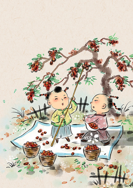 水墨风儿童插画国学经典-孩童打枣图片素材