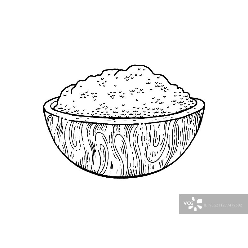 盛有食物的木碗-面粉大米速写图片素材