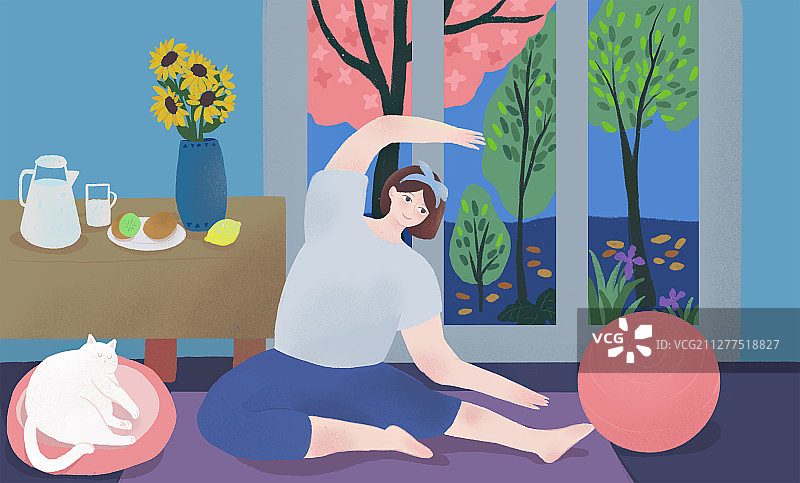 年轻女性在家做瑜伽运动的生活插画图片素材