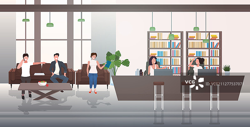 商务人士在大厅开会讨论图片素材