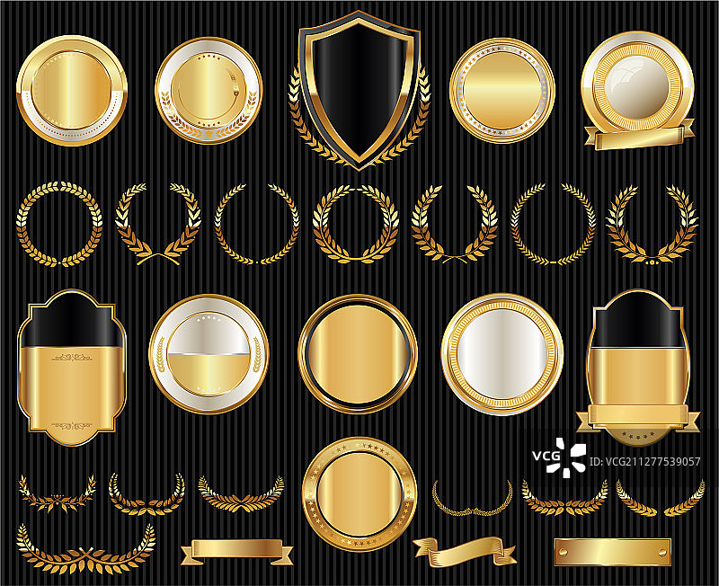 中世纪金色盾牌月桂花环和徽章图片素材