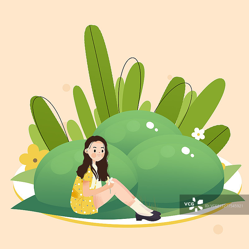 清明节青团和女孩卡通插画图片素材