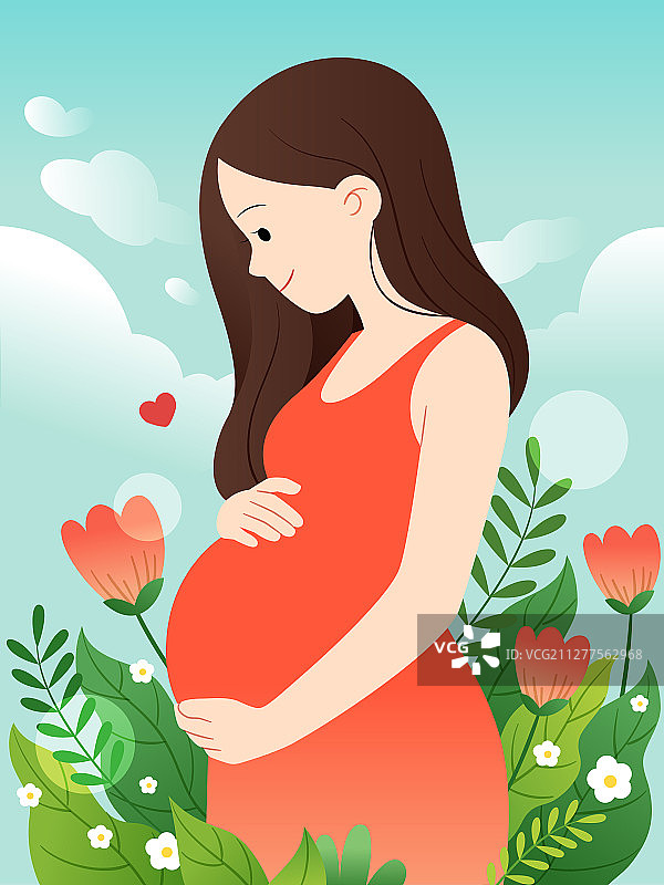 花丛中一个孕妇摸着肚子图片素材