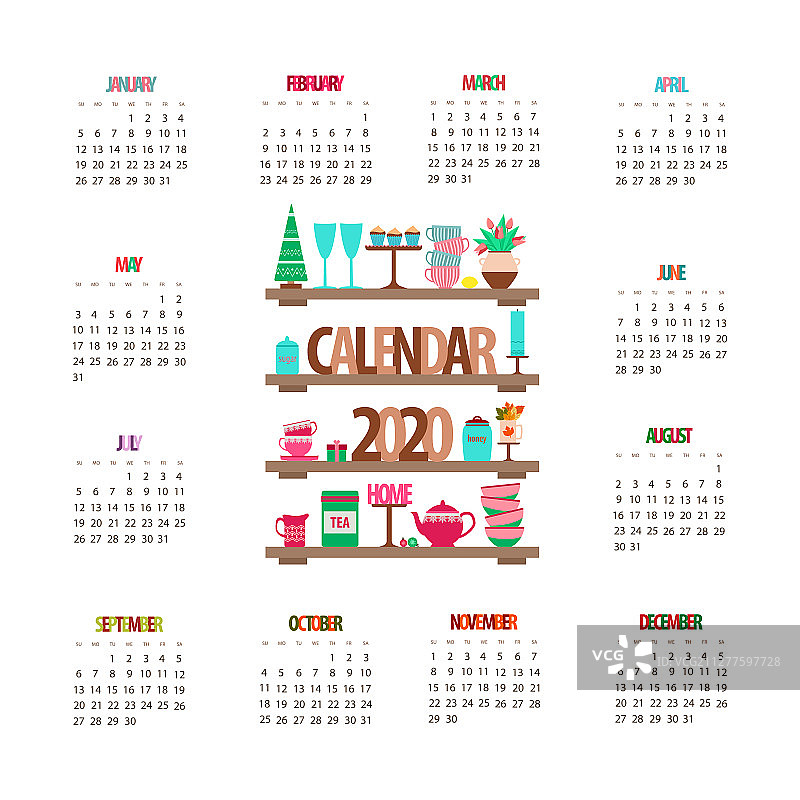 2020日历厨房置物架与用具图片素材