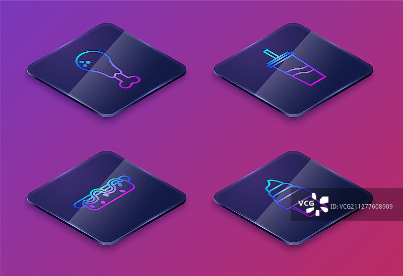 2.5D等距线条鸡腿热狗三明治图片素材