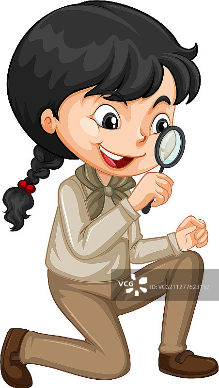 在白色背景上手持放大镜的女孩图片素材