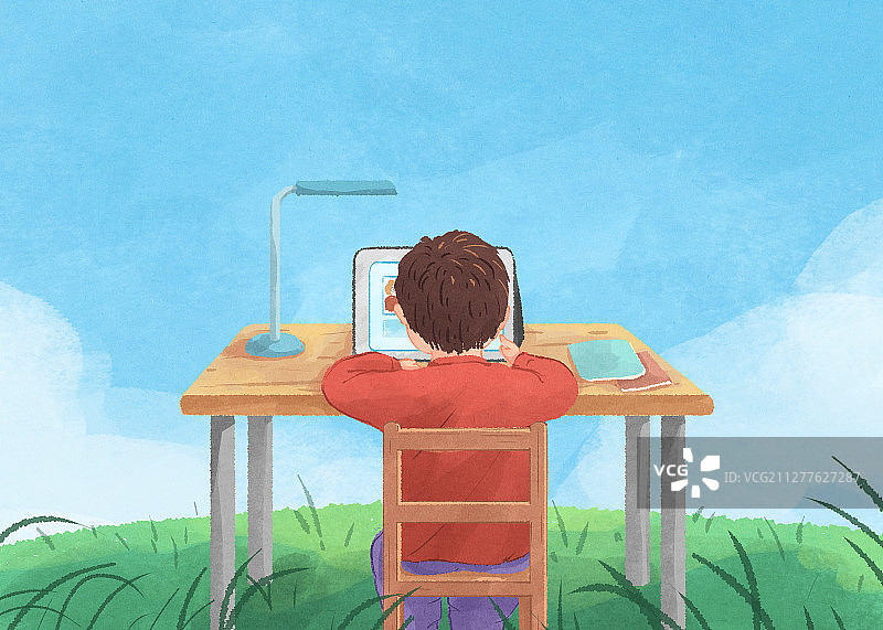 上网课的学生在线教育插画户外横版2图片素材