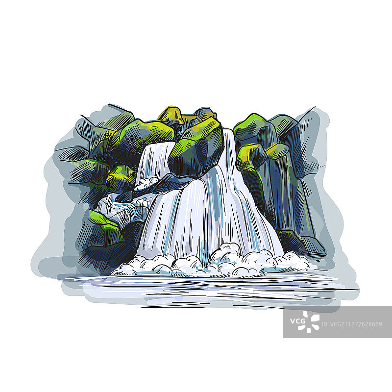 手绘石头间瀑布彩色速写图片素材