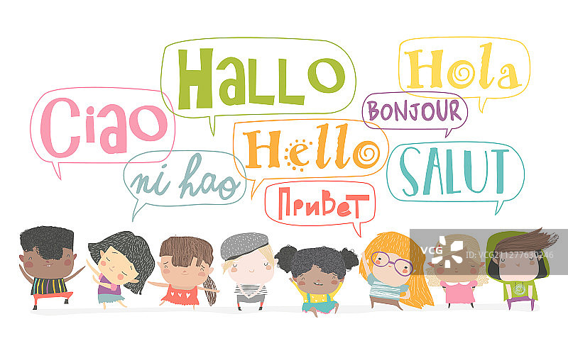 卡通儿童在不同场景中交谈图片素材