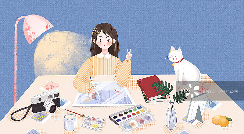 一个少女坐在深夜的书桌前学习画画 手绘插画图片素材