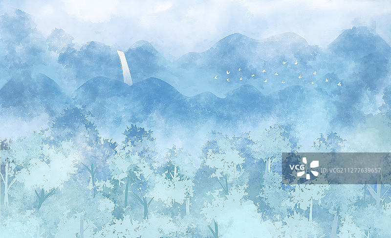 淡雅风格远山树林中国风 手绘背景插画图片素材