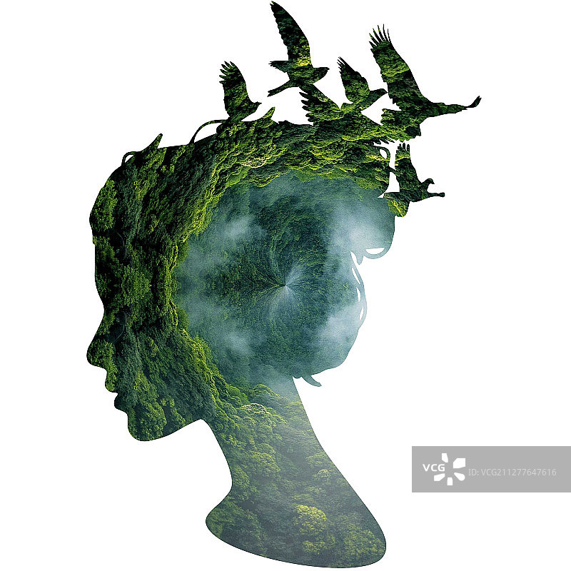 人形和大自然融合，形成了最融洽的画面，呼吁人们保护自然图片素材