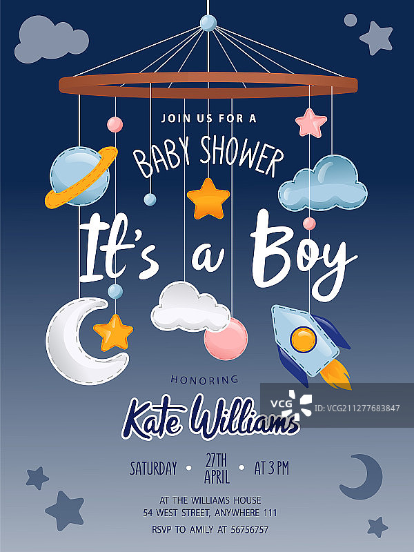 可爱婴儿床挂饰的淋浴邀请卡图片素材