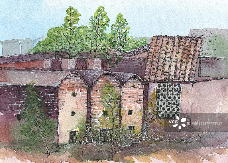 水彩插画美丽的乡村房子图片素材