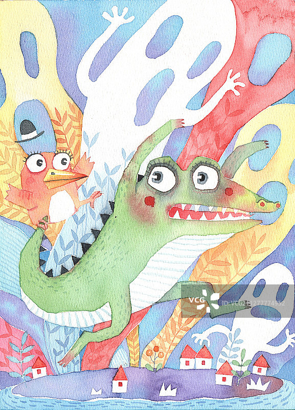 水彩插画害怕逃跑的鳄鱼图片素材