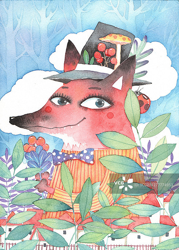 水彩插画带着绅士帽的红狐狸图片素材