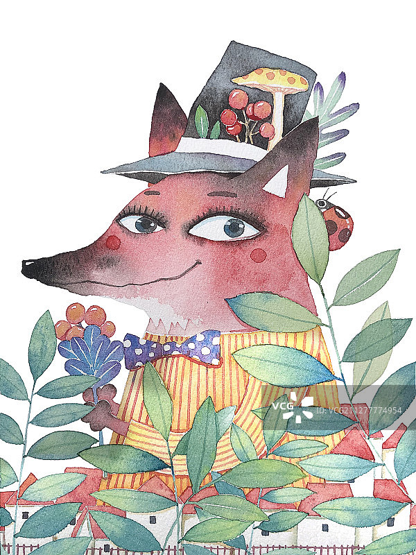 水彩插画-红狐狸图片素材