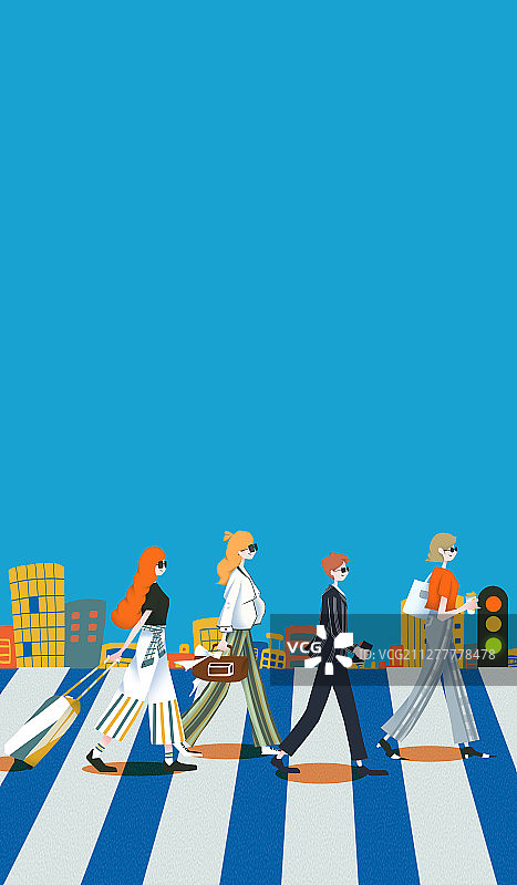 四个青年男女有秩序的走在斑马线上竖版插画图片素材