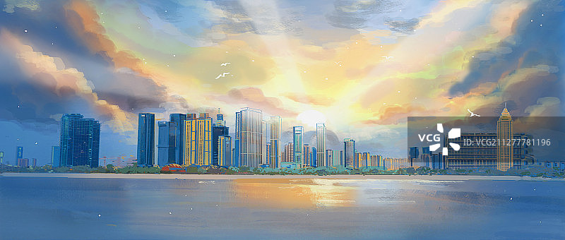 日出江景建筑图片素材