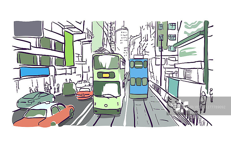香港街头有轨电车水彩画图片素材