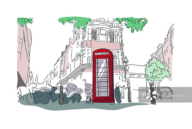 伦敦红色电话亭水彩街景图片素材