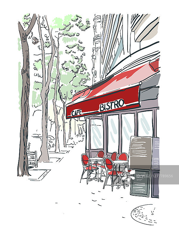 巴黎小酒馆咖啡馆红色手绘图片素材