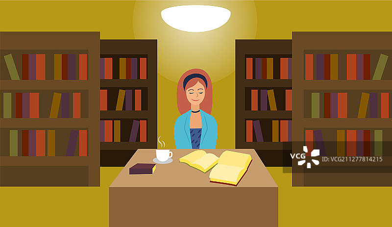 书架旁边的图书管理员女孩图片素材