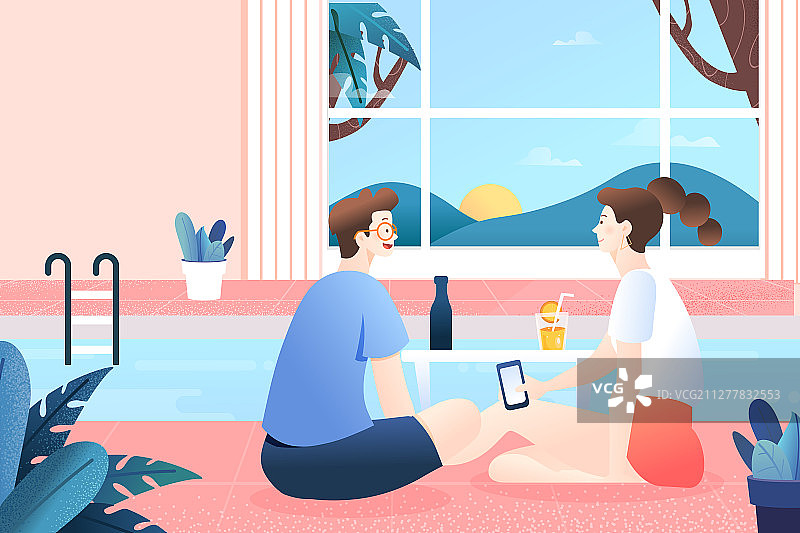 夏天夏季游泳池情侣约会下午茶暑假生活背景矢量插画图片素材