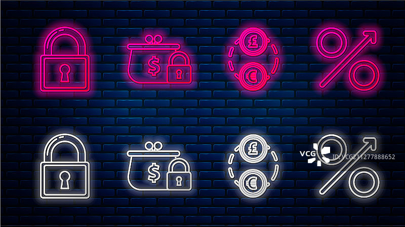 带锁钱包和货币兑换线条组合图片素材