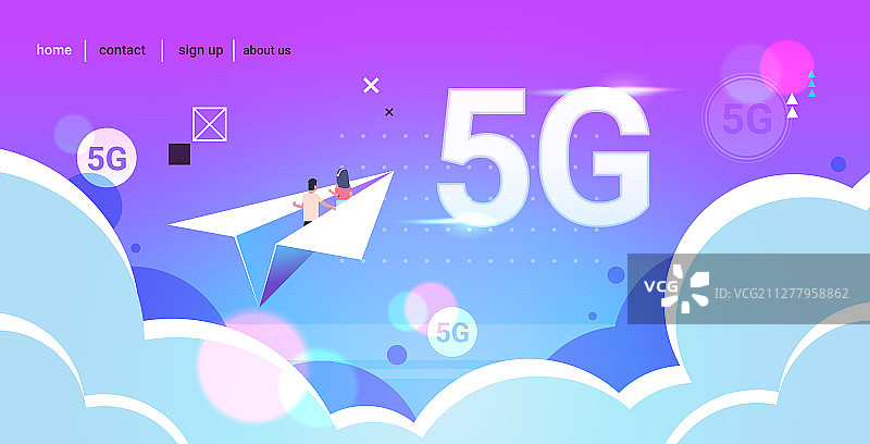 情侣乘坐纸飞机，享受5G网络图片素材