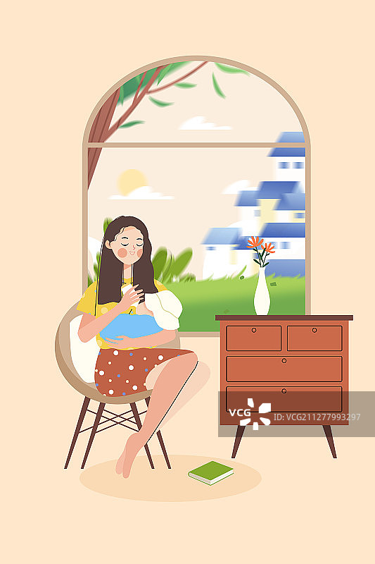抱着婴儿喂奶的妈妈卡通插画图片素材