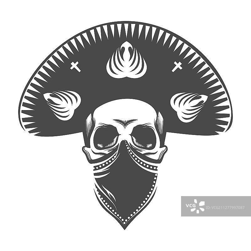 戴墨西哥帽和头巾的人类头骨图片素材