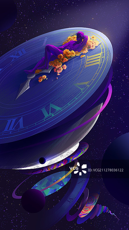 男人包围着鲜花躺在巨大宇宙钟表上的插画图片素材
