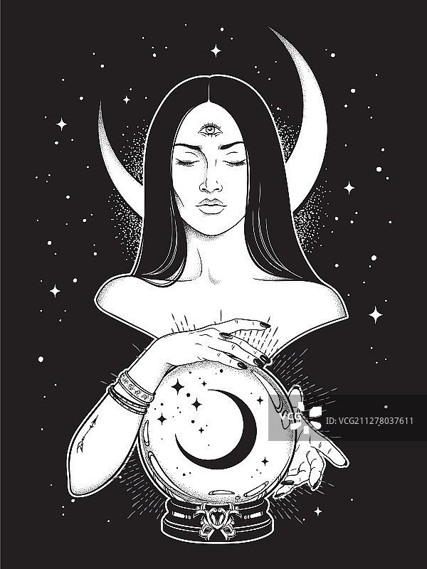 有第三只眼的女预言家正在解读水晶球图片素材