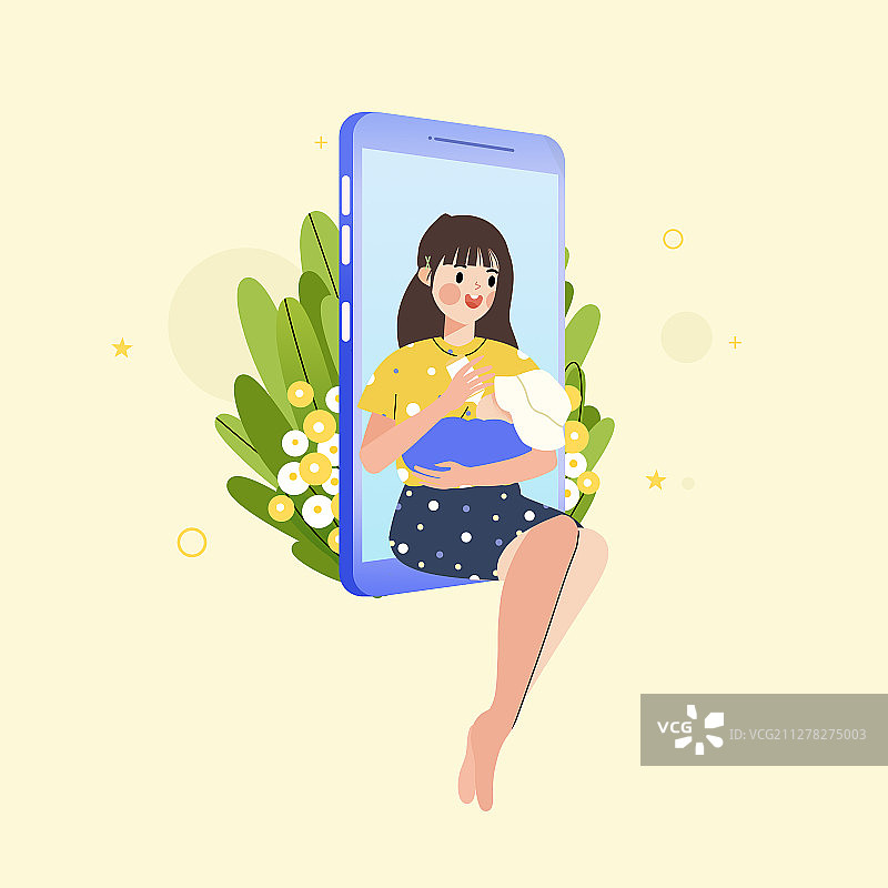 抱着婴儿喂奶的妈妈卡通插画图片素材