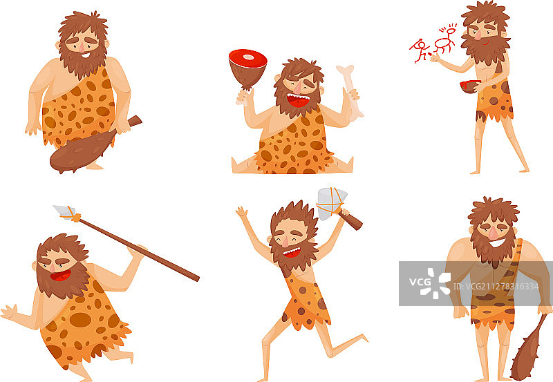 不同姿势的滑稽石器时代史前人类图片素材