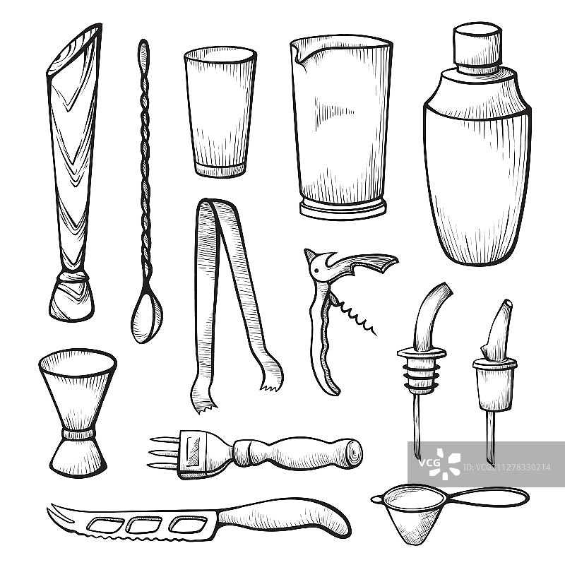 酒吧设备黑白素描图片素材