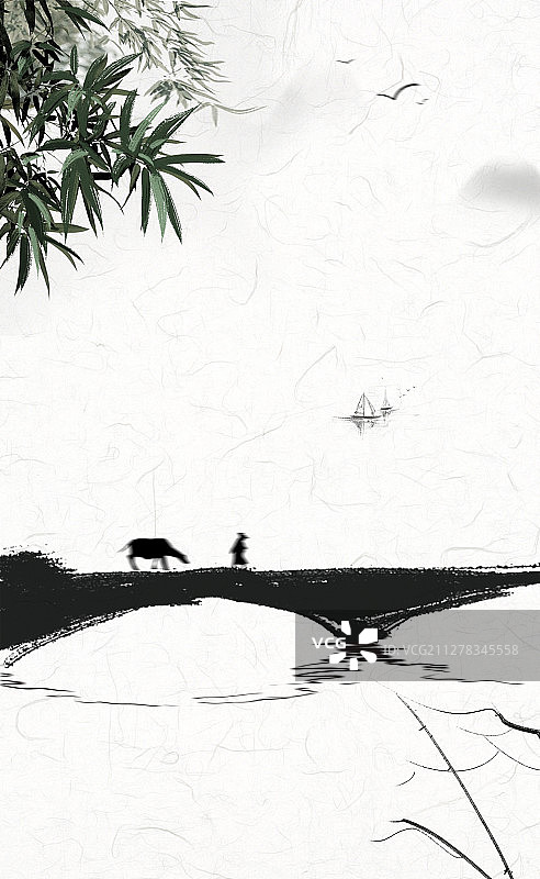 中国传统文化水墨小桥流水插画图片素材