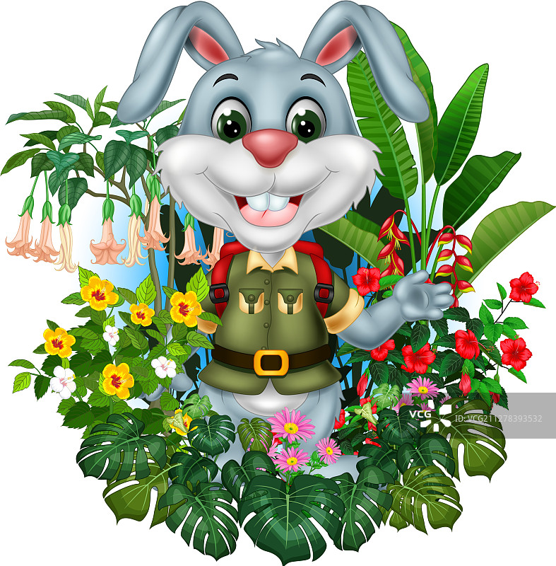 有趣的灰色兔子与热带植物花卉图片素材
