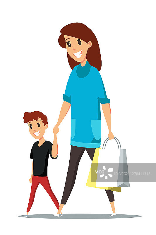 妈妈和儿子一起购物扁平插画图片素材