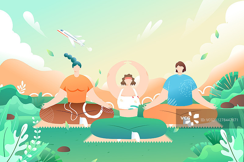 夏季运动减肥瘦身健康生活方式踏青出游旅行背景矢量插画图片素材