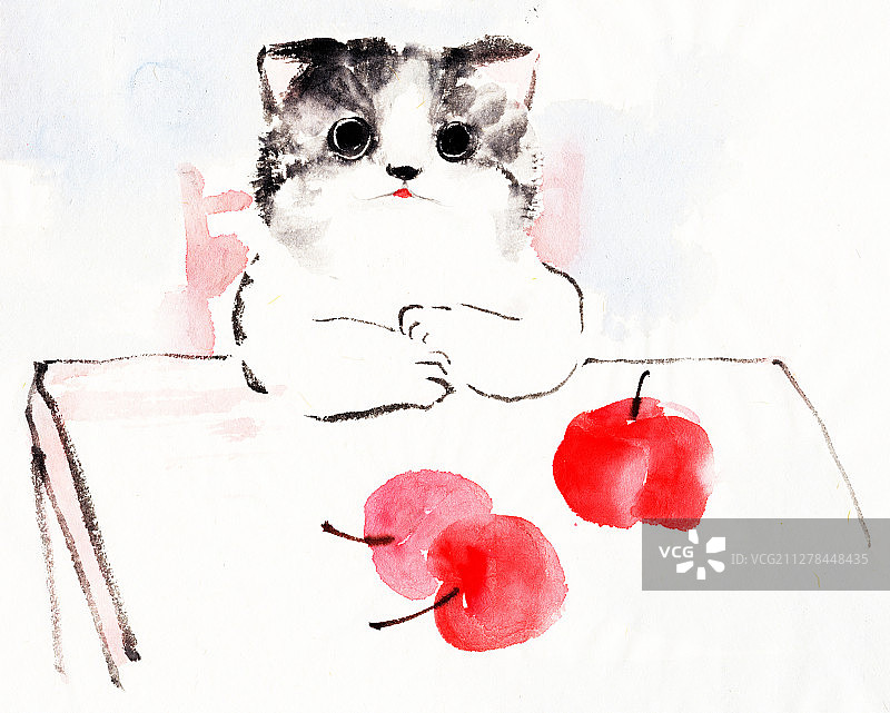 毛笔水墨手绘插画小花猫图片素材