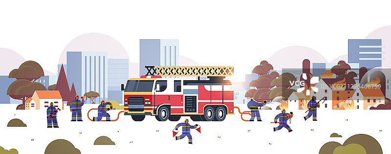 消防员在消防车旁准备就绪图片素材