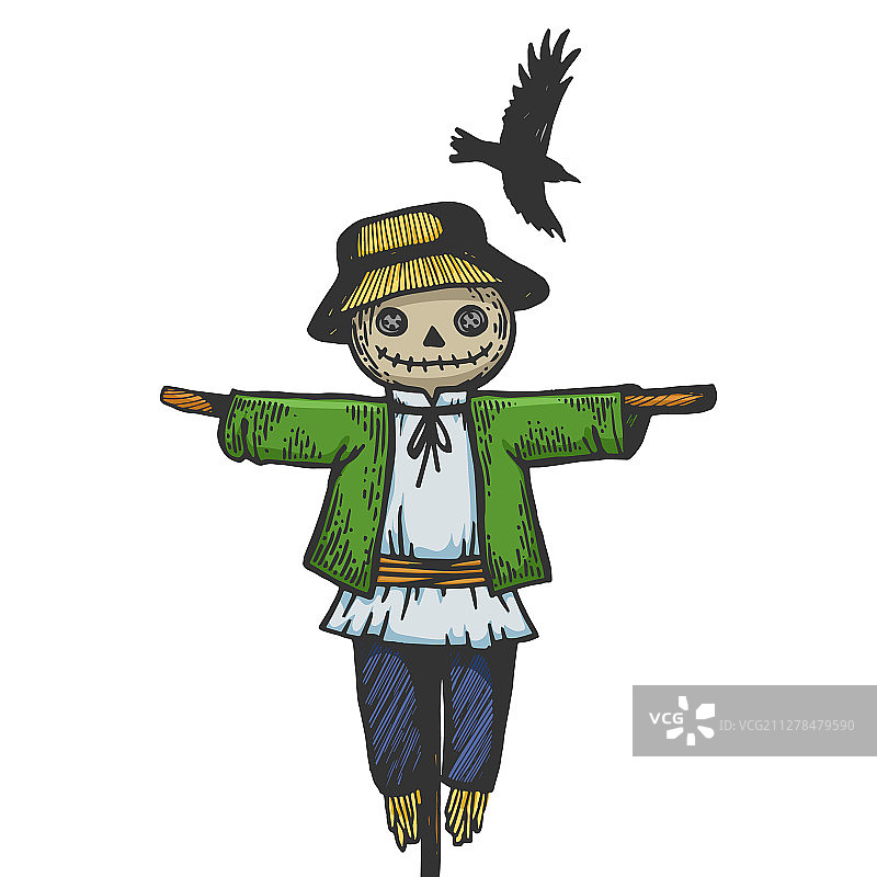 农场乡村稻草人素描雕刻图片素材