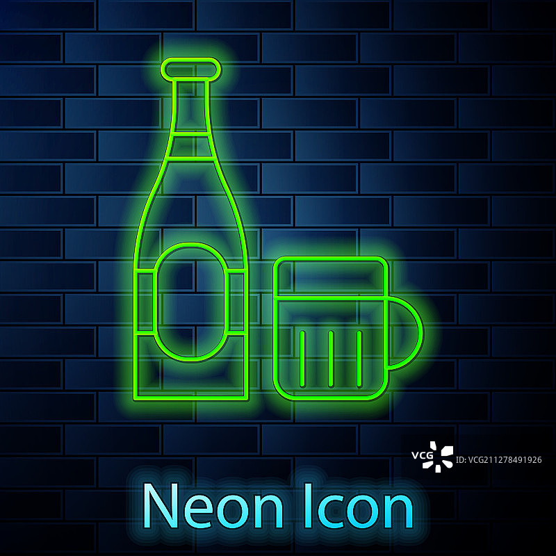 发光霓虹灯线条啤酒瓶和玻璃杯图标图片素材
