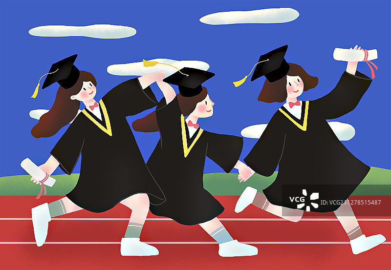 女生手拉手庆祝毕业的插画图片素材